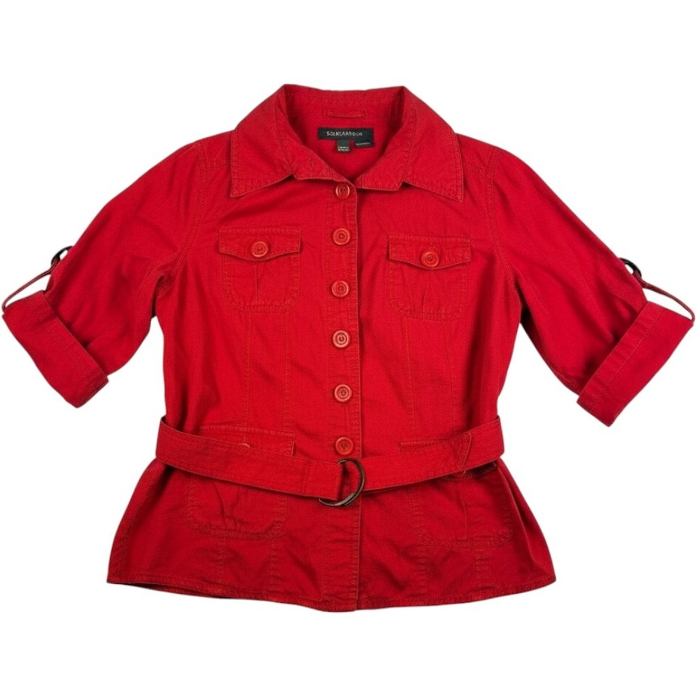 Serenade New York Womens Red Cotton Utility Belted‎ Safari Shirt Jacket Size M